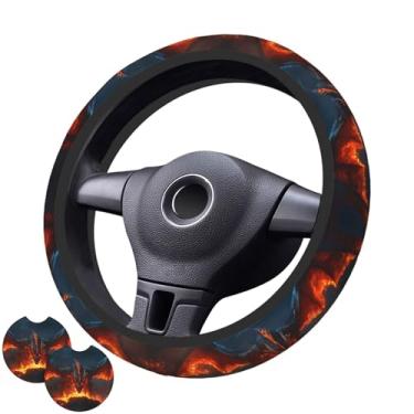Imagem de Capa de volante Cool Fire Dragon com 2 porta-copos de carro antiderrapante de neoprene para mulheres e homens, conjunto universal de 38 cm, elegante e prático
