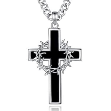 Imagem de INFUSEU Colar de cruz preta para homens, pingente de coroa de espinhos, crucifixo, cristão, católico, presentes religiosos, presente de proteção espiritual, joia obsidiana feminina