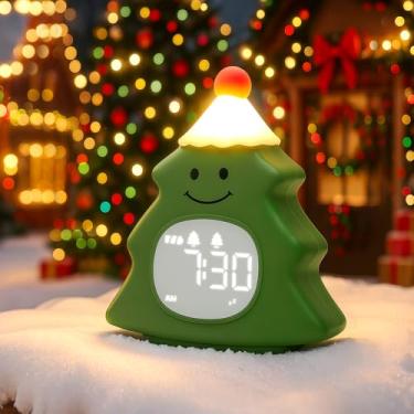 Imagem de Aokpsrt Despertador infantil de árvore de Natal, despertador digital para crianças com soneca, 6 toques, 8 níveis de volume, temporizador de luz noturna suave, visor fácil de ler, presente divertido
