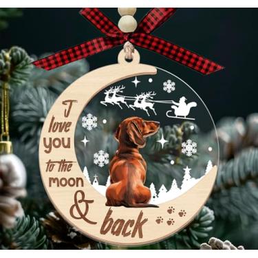 Imagem de KiKi9xDesigns Enfeite de Natal para cães Dachshund - I Love You to The Moon and Back - Enfeite de duas camadas de madeira e acrílico em camadas - presente para amantes de cães