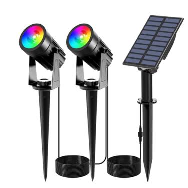 Imagem de T-SUNUS Luzes solares de metal que mudam de cor de Halloween, holofotes de paisagem de LED RGB IP65 à prova d'água 2 em 1 para iluminação externa caminho de jardim árvores de Natal bandeira lagoa