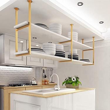 Imagem de Prateleira flutuante para pendurar no teto de 2 níveis, rack de vinho industrial de metal, prateleiras flutuantes rústicas, prateleiras montadas na parede, decoração de teto, suporte para copos de