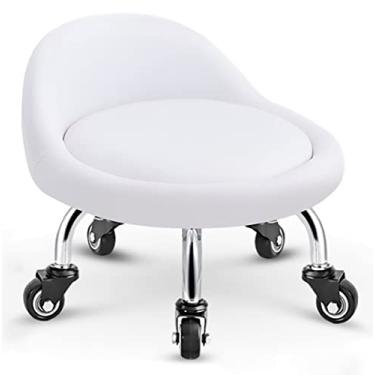 Imagem de Banqueta de rolamento, banqueta baixa com rodas, bancos pequenos e baixos, encosto de almofada de assento de couro, polia giratória banqueta baixa para sala de manicure, agachamento para trabalhos