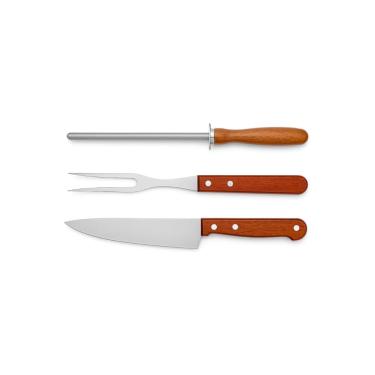 Imagem de Kit Churrasco Premium, 3 Peças em Aço Inox com Cabo de Madeira, Faca 30cm, Garfo 29cm, Chaira 25.5cm, Conjunto para Corte de Carnes