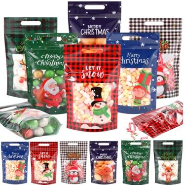Imagem de Fuutreo 60 peças de sacos de presente de Natal, sacos de plástico transparentes de Natal, sacos selados xadrez de búfalo de Natal com alças para decoração de presentes de doces de festa de Natal