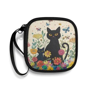 Imagem de Capa de transporte para fone de ouvido com flor de gato preto portátil para fones de ouvido Bluetooth sem fio, cabos, fones de ouvido, carregador, pen driver, MP3