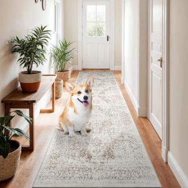 Imagem de Tapete de corredor lavável de 6 x 20 cm – Tapete vintage de pelo baixo, macio, fino, com suporte de borracha para entrada, sala de estar, decoração de casa (creme/camelho)