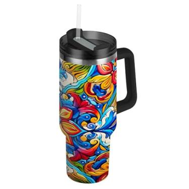 Imagem de Blueangle Copo de cerâmica mexicano de 850 g com alça e tampa de palha, caneca de viagem de aço inoxidável isolada a vácuo de parede dupla, garrafa de água reutilizável para academia de escritório ao