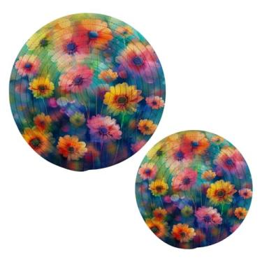 Imagem de Blueangle 2 peças de suporte de panela para pintura de flores coloridas - conjunto de pegadores de panela de tecido redondo - almofadas quentes trançadas de algodão - porta-copos - tapetes de mesa