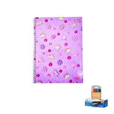 Imagem de Kit Caderno Universitário Vibe Feminino 10M 160F Tilibra Caneta Point 88 Estojo 10 Cores
