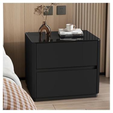 Imagem de SPXMQSS Mesa de cabeceira SPXMQSS com gavetas duplas de armazenamento, moldura de madeira maciça e tampo de vidro temperado para quarto, mesa de cabeceira de sala de estar, sem necessidade de montagem