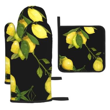 Imagem de Lemon – Conjunto essencial de cozinha com 3 peças, luvas seguras para calor e aderência de tampa, proteção para churrasco no forno, design de armazenamento suspenso.