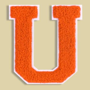 Imagem de QianSiLi Adesivos de letras universitárias de chenille laranja de 11 cm, letras grandes para jaquetas Letterman, moletons com capuz, mochilas, coletes, roupas, adesivos individuais da letra U