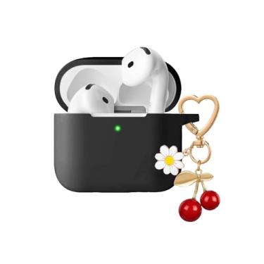 Imagem de QIMZBAAT Capa para Airpods 4, capa protetora de silicone macio com lindo pingente de flor de cerejeira margarida chaveiro acessórios para Apple Airpods 4ª geração capa de carregamento para mulheres e