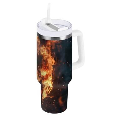 Imagem de STAYTOP Copo de caveira de chama de 850 g com tampa e canudo, à prova de vazamento, copo isolado de aço inoxidável durável com alça, garrafas de água à prova de derramamento para viagens