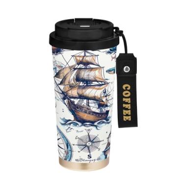Imagem de STAYTOP Copo de café de aço inoxidável de 500 ml, caneca de café de viagem retrô cômica isolada com tampa, copo de café à prova de derramamento, copos portáteis reutilizáveis para bebidas quentes e