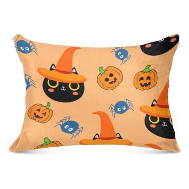Imagem de Burbuja Capa de almofada de gatos pretos usando chapéus de bruxa laranja tamanho padrão 51 x 66 cm, capa de almofada de pelúcia ultra macia e aconchegante com zíper para pele de cabelo