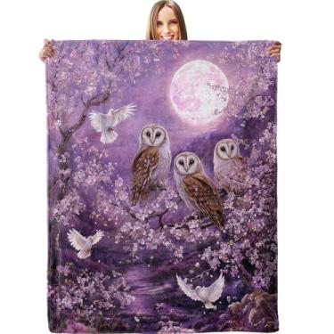 Imagem de Cobertor encantado de corujas iluminadas pela lua, macio, leve, quente, flanela, 203 × 152 cm, cobertor com estampa de pássaros da floresta noturna para sofá, viagem, cama, ao ar livre, presentes para