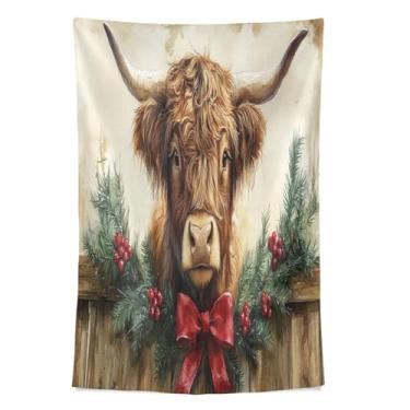 Imagem de STAYTOP Tapeçaria de Natal Highland Cattle Wall Hnaging Tapeçarias para decoração de casa decoração de dormitório sala de estar quarto tapete de parede (80 × 60 pol)