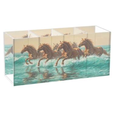 Imagem de Burbuja Porta-canetas de acrílico Horses Galloping in The Sea com 4 compartimentos, suporte de lápis transparente para pincel de maquiagem estacionário, acessórios de mesa de escritório em casa