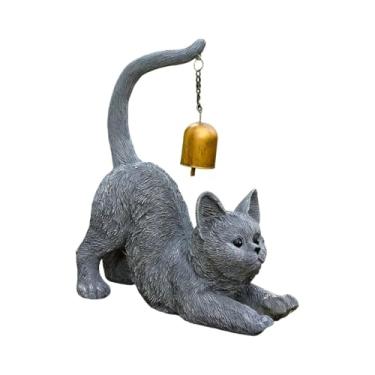 Imagem de Bothyi Estátua de gato, estatueta de gatinho com sino de metal, ornamento decorativo, sino de vento, escultura de animal para decoração de e área, Cinza
