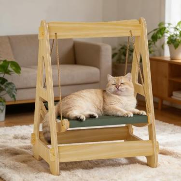 Imagem de ankuliy Cama suspensa de madeira para gatos, balanço elevado para gatinhos, rede para gatos grandes, balanço de gatinho e balanço de filhotes, confortável e respirável, resistente, fácil de montar