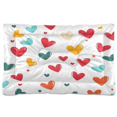 Imagem de Wassud Tapete de cama de cachorro com padrão de coração colorido, tapete lavável para cães e gatos, almofada de cama de viagem antiderrapante, almofada de canil para ambientes internos e externos, 45