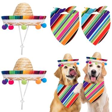 Imagem de FYSUIMU Conjunto de fantasias de cachorro mexicano Fiesta Cinco de Mayo listradas coloridas bandana e chapéu de palha sombrero com bola de feltro pompom, acessórios para animais de estimação para