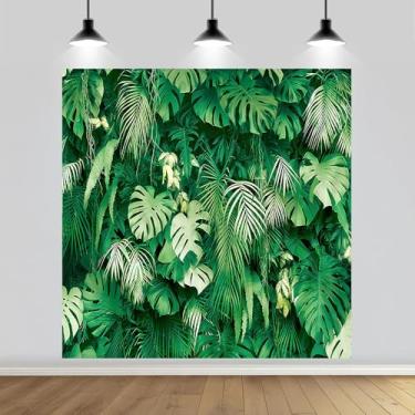 Imagem de Pano de fundo fotográfico de folhas de palmeira tropical verde verão 1,8 x 1,8 m para decoração de festa Luau, aniversário, chá de bebê, artigos de festa de domingo