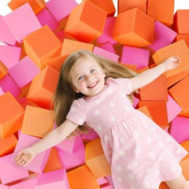 Imagem de 24PCS Foam Cubes 5"x5"x5"- Foam Pit Blocks Set, Soft Stacking Blocks for Indoor Games,Trampolines, Gymnastics, Parkour & Action Sport (Pink and Orange)