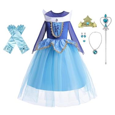 Imagem de Dressy Daisy Fantasia de princesa dormindo para meninas, aniversário, Halloween, Natal, fantasia de festa chique com acessórios, tamanho 6-7, azul