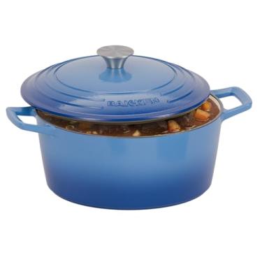 Imagem de Panela de forno holandês de ferro fundido esmaltado Bakken, forno holandês de 6 litros para assar pão, refogar e assar, cozinhar cozinha e fogueira, tampa de bloqueio de umidade, seguro para forno até