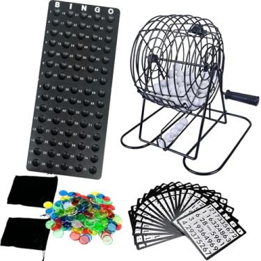 Imagem de Conjunto de jogos de bingo para adultos e família – Inclui gaiola rotativa de metal de 20 cm, 150 fichas coloridas, 18 cartas de bingo, 75 bolas coloridas, tabuleiro mestre de bingo e 2 sacos de