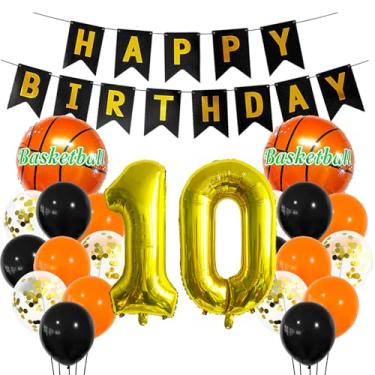 Imagem de Balão esportivo dourado de 10 anos, decoração esportiva de 10 anos, 10 anos, troféu de basquete, 10 balões, tema esportivo de basquete dourado, decoração de festa para crianças, meninos, decoração de