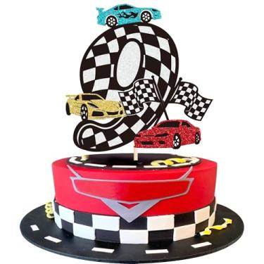 Imagem de Rsstarxi 1 Pack Race Car 9th Birthday Cake Topper Glitter Black Cars Birthday Decorations Checkered Flag Hotwheels Cake Decorations for Boys Girls Nine Years Old Cars Themed Party Decor