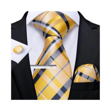 Imagem de Gravata Masculina Social Listrada Lisa De 8cm Com Abotoaduras E Lenço 