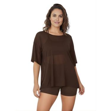 Imagem de Blusao Tule Feminina Manga Curta Fitness Academia Marrom Cor:MarromTam