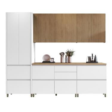 Imagem de Armário De Cozinha Completa 8 Portas 7 Gavetas 100% Mdf Raissa Nesher Branco / Madeirado