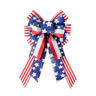 Imagem de 1 pacote com laços patrióticos de estrela de serapilheira de 4 de julho, coroa de flores com bandeira americana, enfeite de árvore com estrelas vermelhas e azuis para decoração do Dia da Independência