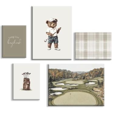Imagem de Arte de parede de berçário de golfe, decoração esportiva, vintage, impressão de quarto de bebê, menino, lona, pôster de campo de golfe, imagens de animais infantis, pintura verde sálvia, arte para