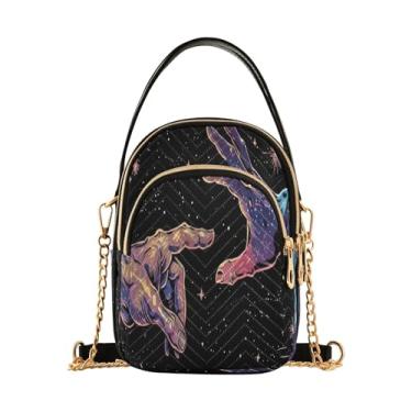 Imagem de Bolsa tiracolo de desenho animado coelhinho da Páscoa e ovos bolsa pequena com zíper triplo, bolsas pequenas para mulheres, Espaço com duas mãos alcançando, 15*21*8cm