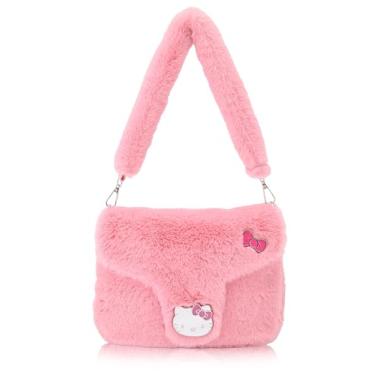 Imagem de Bolsa feminina Sanrio Hello Kitty | Bolsa feminina de pele de pelúcia com placa de metal | Acessórios Hello Kitty para meninas, meninos, adultos, unissex, Hello Kitty