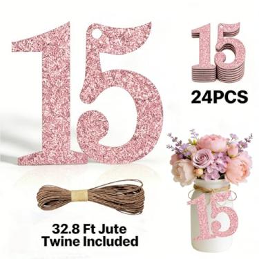 Imagem de ALISSAR 24 peças, 15 etiquetas numéricas com barbante de juta de 32,8 metros para decorações de 15 anos, kit de decoração de festa de 15º aniversário, decoração de pote de pedreiro, embrulho de