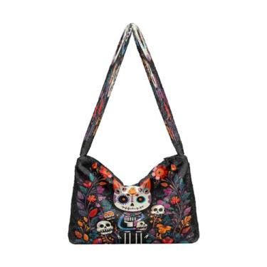 Imagem de Bolsas de ombro em aquarela maçãs e flores com folhas, bolsa de mão com fecho de zíper, bolsa feminina para uso ao ar livre, Day of the Dead Cartoon Skeleton Cats-1, One Size