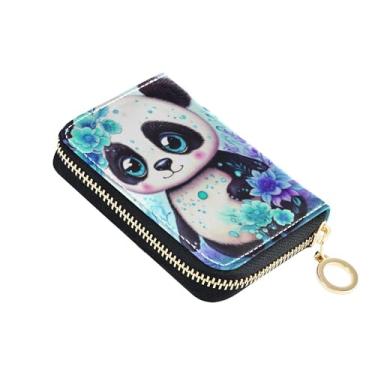 Imagem de 9 compartimentos para cartão de crédito e 2 compartimentos para dinheiro, carteira feminina pequena de couro com zíper, aquarela fofo panda floral