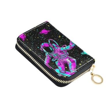 Imagem de Carteira feminina Astronaut Space Dark Black com zíper e porta-cartões com bloqueio de RFID, pequena bolsa de troca de zíper com chaveiro