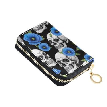 Imagem de 9 compartimentos para cartão de crédito e 2 compartimentos para dinheiro, carteira pequena feminina com zíper e caveiras, azul, flores de papoula, preta