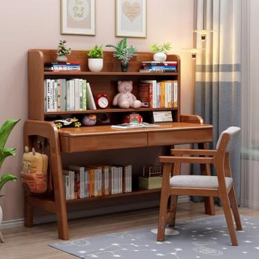 Imagem de HGTRH Mesa de estudo para adultos/estudantes, escrivaninha com gavetas e cabana, mesa de computador de madeira de carvalho maciça para escritório doméstico em pequenos espaços, com estante e gaveta