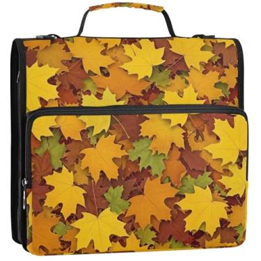 Imagem de Fichários fofos de 3,8 cm, 3 anéis, outono, folhas de bordo, organizador com zíper, pasta de armazenamento com alça para fichário escolar com alça de ombro, 34,5 x 31,5 x 9 cm