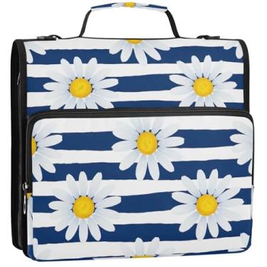 Imagem de Work fichários de 3 cm com 3 anéis, margaridas brancas, amarelas, azuis, azul-marinho, listras, zíper, pasta de armazenamento com alça, pasta escolar com alça de ombro, 34,5 x 31,5 x 8,9 cm